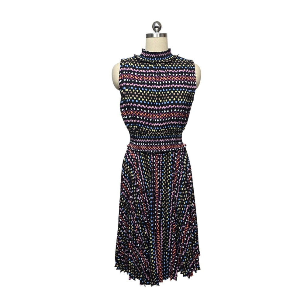 Nanette Lepore Black Polka Dot Smocked Mock Neck Pleated Midi Dress Size 6